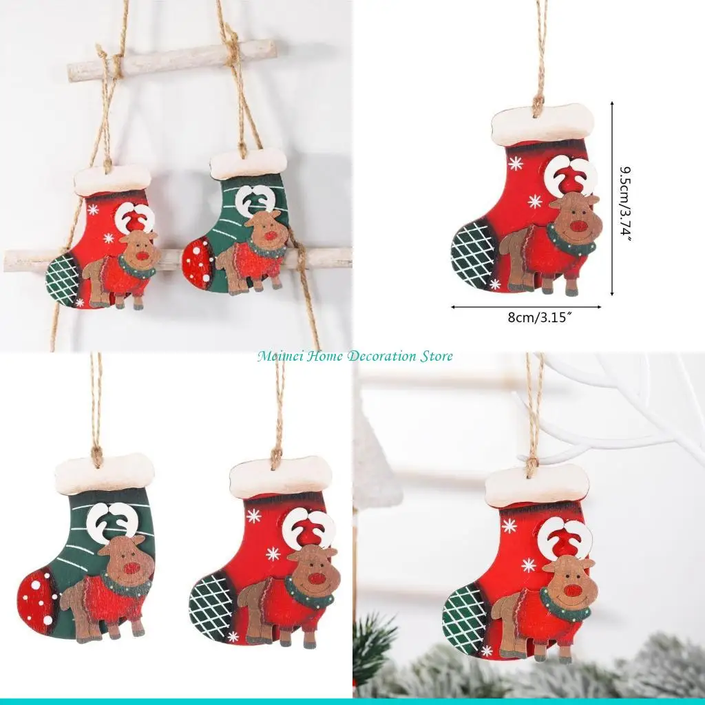 H7BF Christmas Tree Hanging Ornament Rustic Vintage Wooden Elk Stocking Pendant Colorful Onrmanet Xmas Home Party Decor