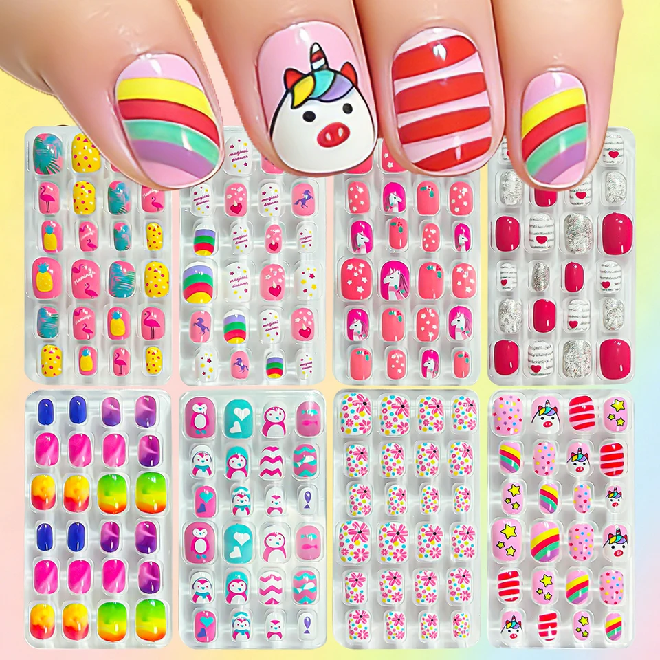 8 cajas (192 piezas) de uñas postizas infantiles con arcoíris, caballos, estrellas y flores, cortas y cuadradas, para niñas 3