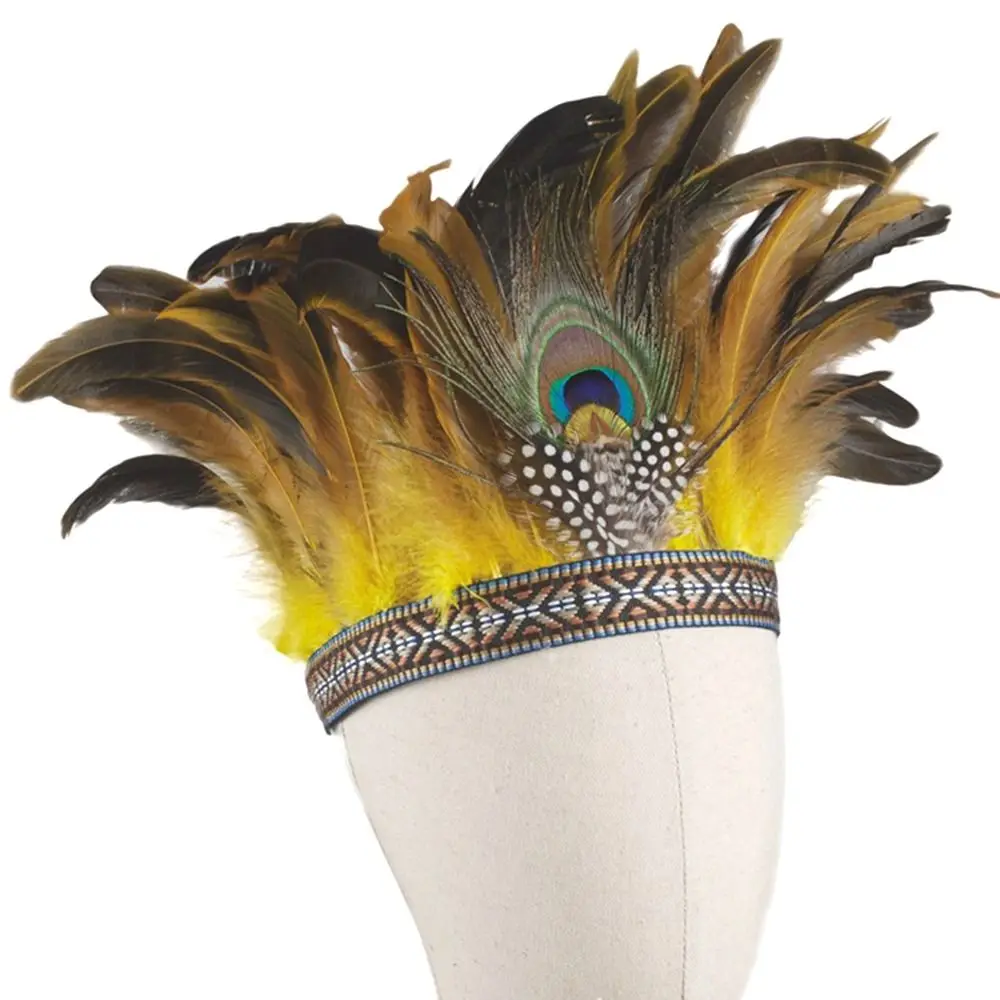 Fashion Feather Crown Feather Headbands With Strap Peacock Costume Decorative Headdress Indian Crown Hair Band Halloween