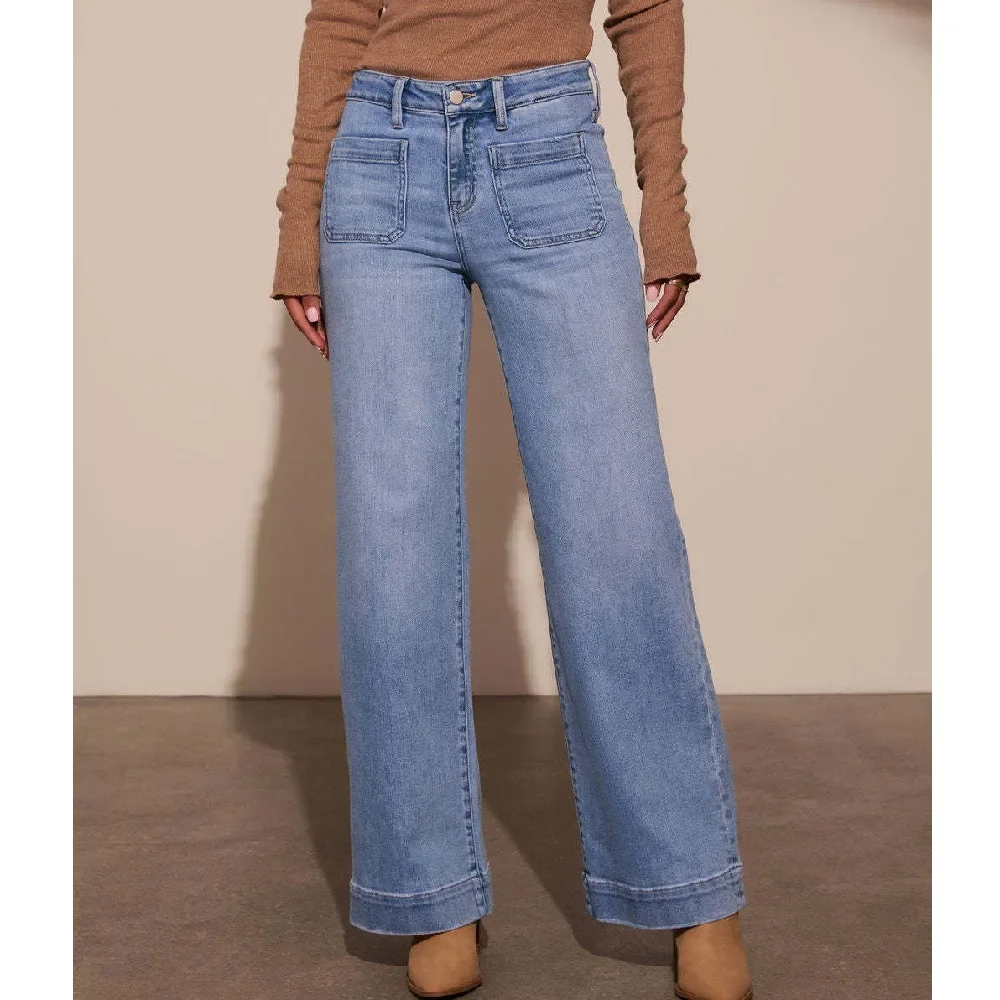 ﻿ ﻿   Jeans Denim Pinggang Tinggi untuk Wanita Celana Lurus Kaki Lebar Vintage Celana Saku Kasual Wanita Pantalon De Mujer