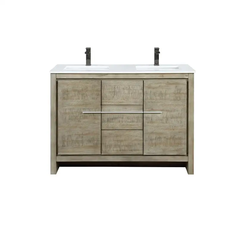 Vanity da bagno doppio rustico in acacia da 48 pollici con profondità 20", piano in marmo coltivato e set di rubinetti in canna di fucile