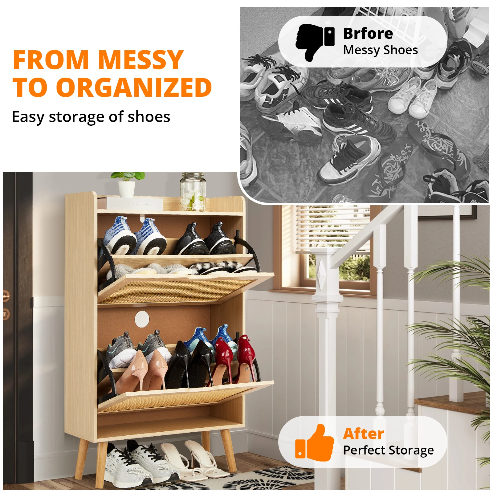 Ventilated Shoe Storage Cabinet with Rattan Doors, 2 Flip-Drawer Slim Organizer for Entryway, Anti-Tip Design, Holds 15-20 Pairs, 38.6 Inch