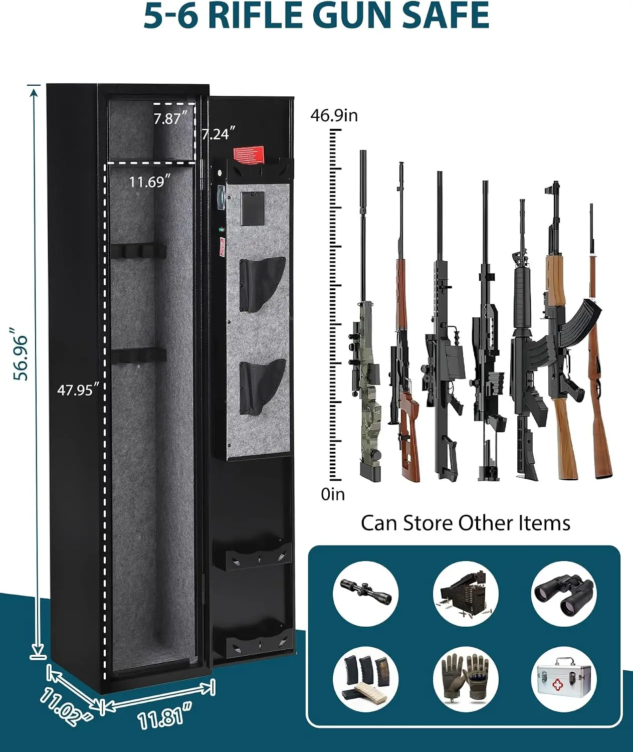 Heavy Duty 6-8 Firearm Safe for Rifles & Pistols Digital Electronic Lock, Adjustable Racks, Interior Shelf, Silent Mode, Steel Firearm Security Cabinet with Inner Lock Box