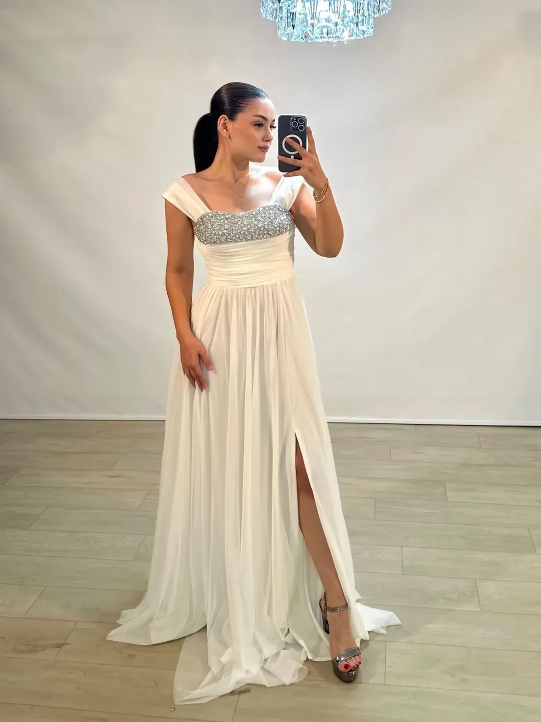 Customized Ailbxn Women Square Neck Sequin Patchwork Side Slit Midi Dress Elegant Formal Evening Prom Wedding Guest Gown