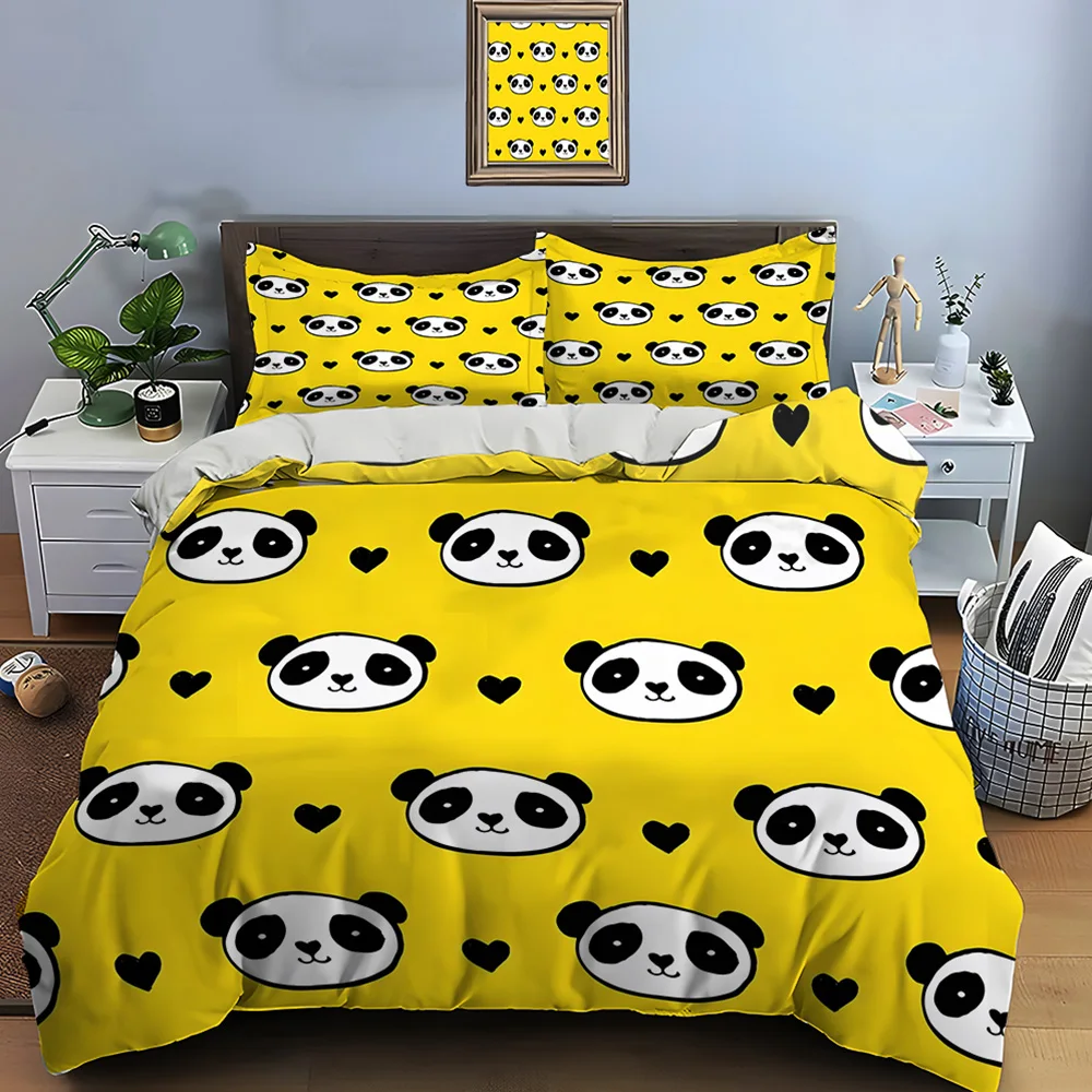 Cute panda heads with black hearts Pattern Duvet Cover Set Digital Print Polyester Bedding with Zipper Closur for kids gifts