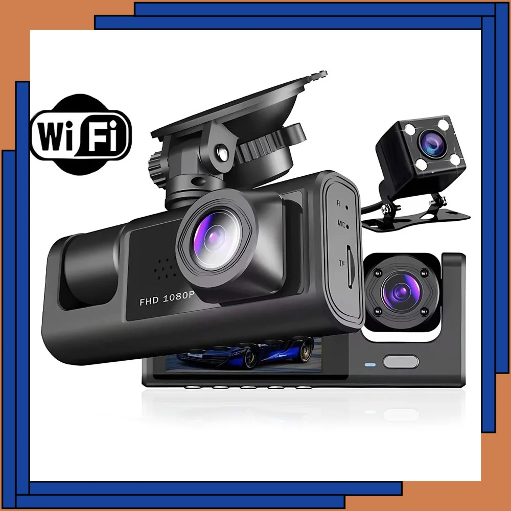 Câmera Veicular com WIFI e APP, DVR para Carros, Câmera Frontal de 2/3 Lentes, Gravador de Vídeo, Câmera de Ré para Veículos, Caixa Preta, Acessórios para Carros