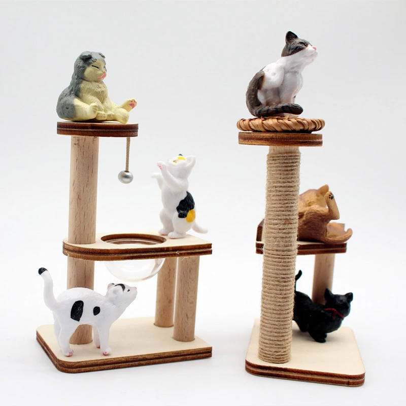 Dollhouse Mini Wooden Pet Cat Tree Tower Toys Cat Climbing Rack Doll House Mini Furniture Decor Accessories Photography Props