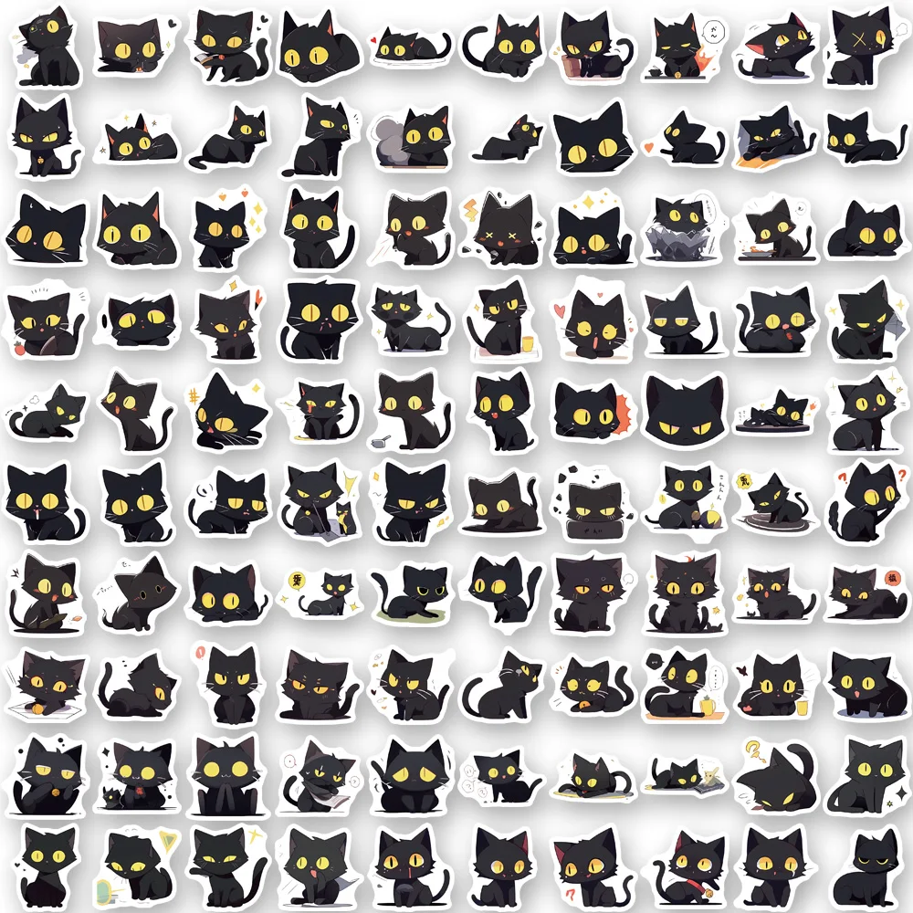 10/100PCS Cartoon Black Cat Stickers Scrapbook Phone Guitar Laptop Luggage Cool Waterproof Sticker Children Classic Toy