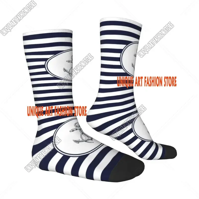 Anchor And Navy Blue Stripes Men Women Male Crew Socks Unisex Cute 3D Print Nautical Sailor Dress Sock