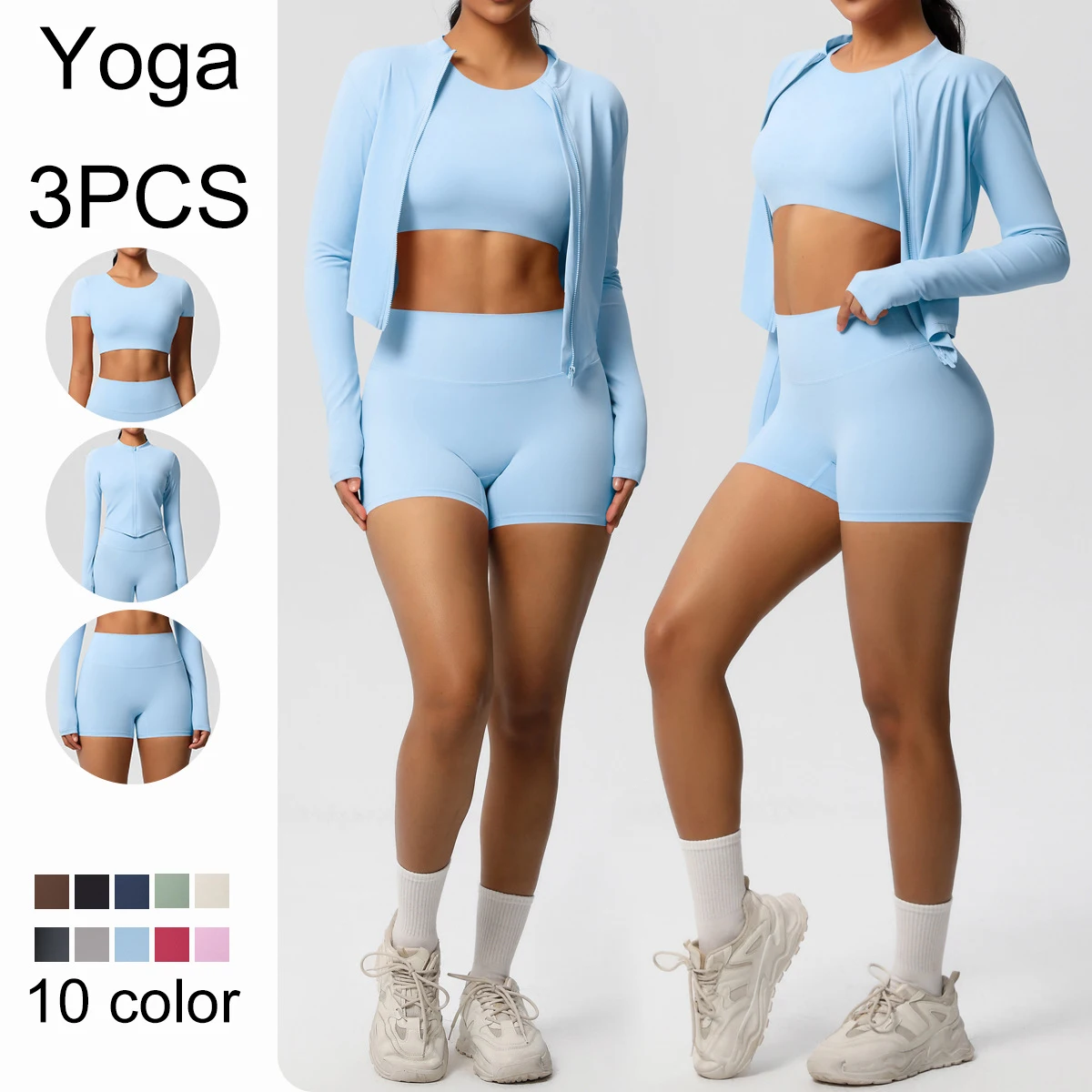 

Solid Color Women Sports Yoga Set Slim T-Shirt Workout Top Zipper Long Sleeves Yoga Shorts Summer Breathable Fitness Yoga Set