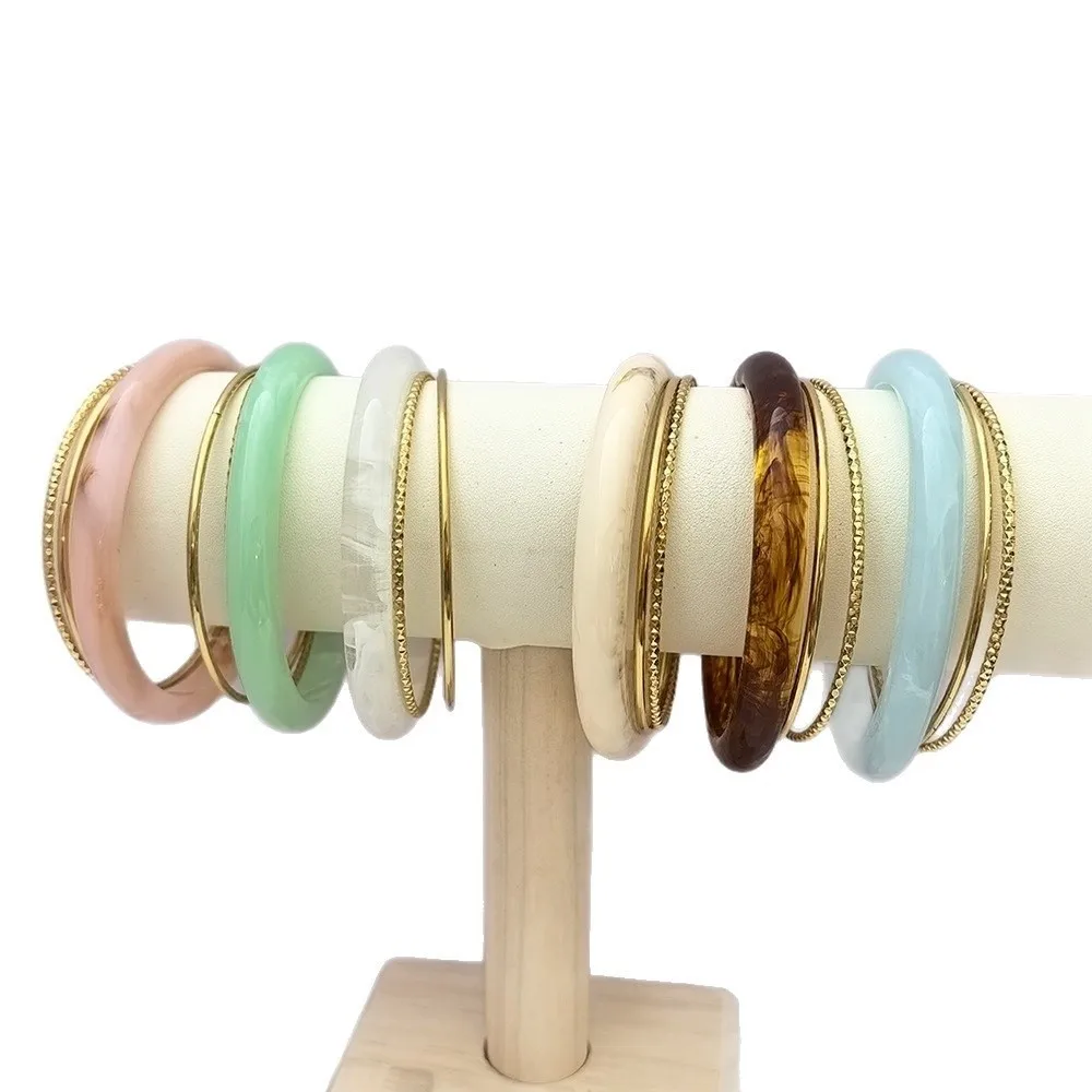 3 قطعة/المجموعة خمر الاكريليك لطخة أساور البوهيمي الراتنج بسيط جولة أساور فاسق الفولاذ المقاوم للصدأ الرجعية اليد الدائري النساء الرجال #5