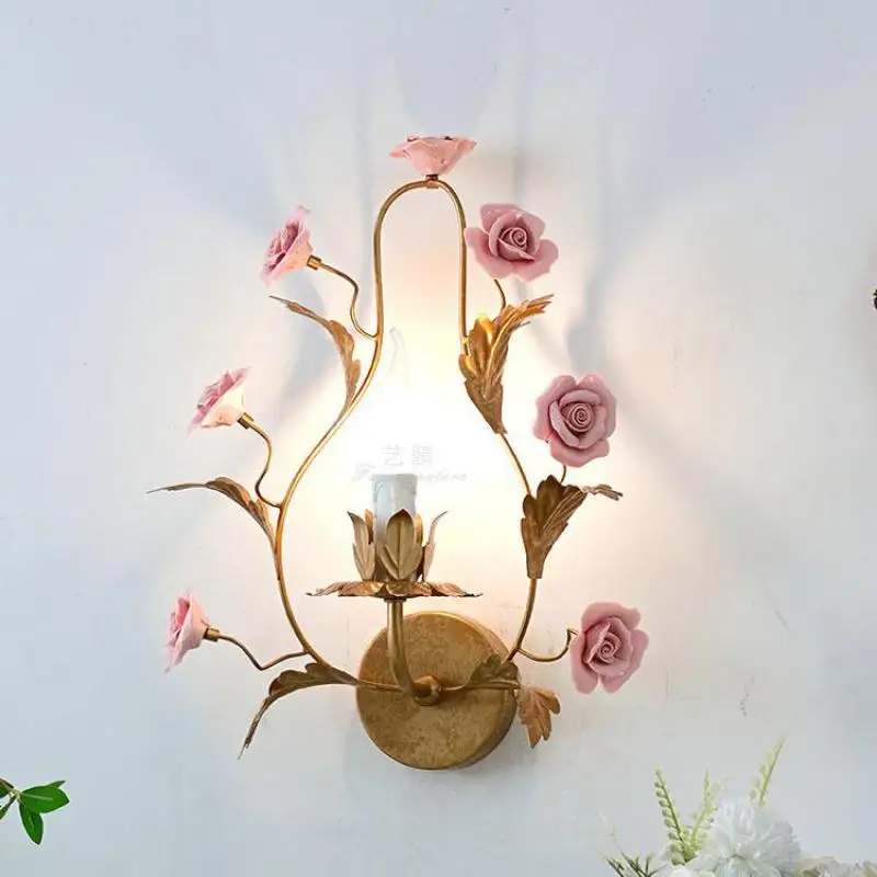 Children Pink floral Wall Lamp Ceramic Garden Lighting Porch E14 Led Wall Light Girl Room Living Room Wedding Deco Wall Fixtures