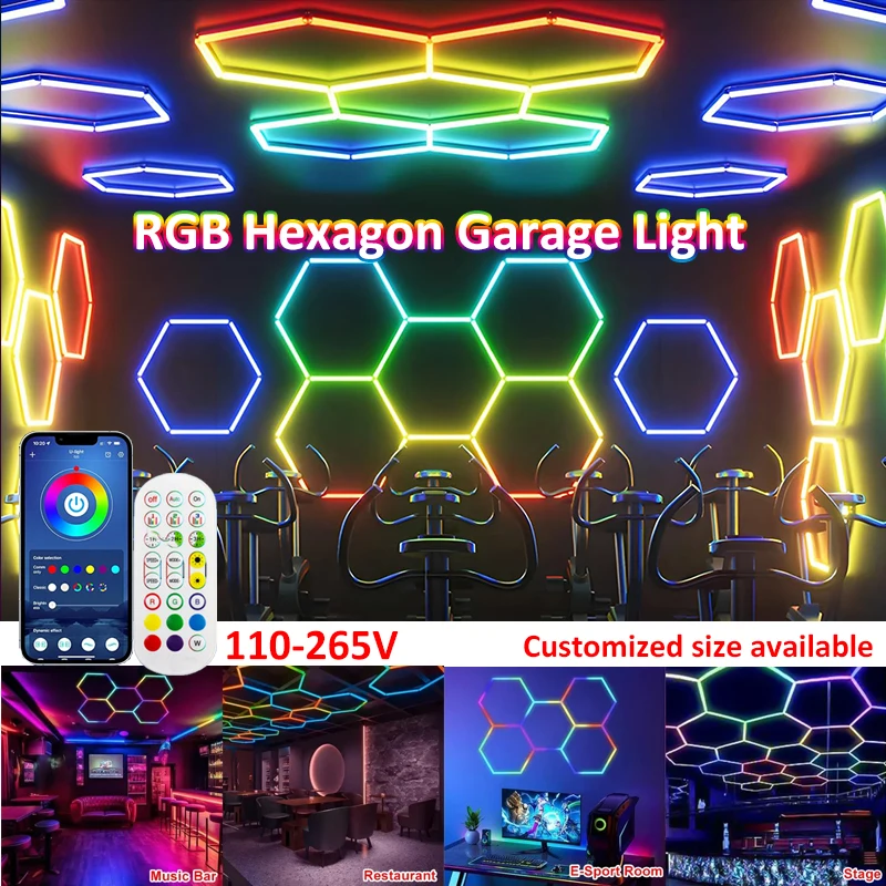 

Customized RGB Hexagon LED Garage Light Honeycomb Ceiling Lamps With Remote APP Control for Car Wash Repair Gaming Room BarDecor