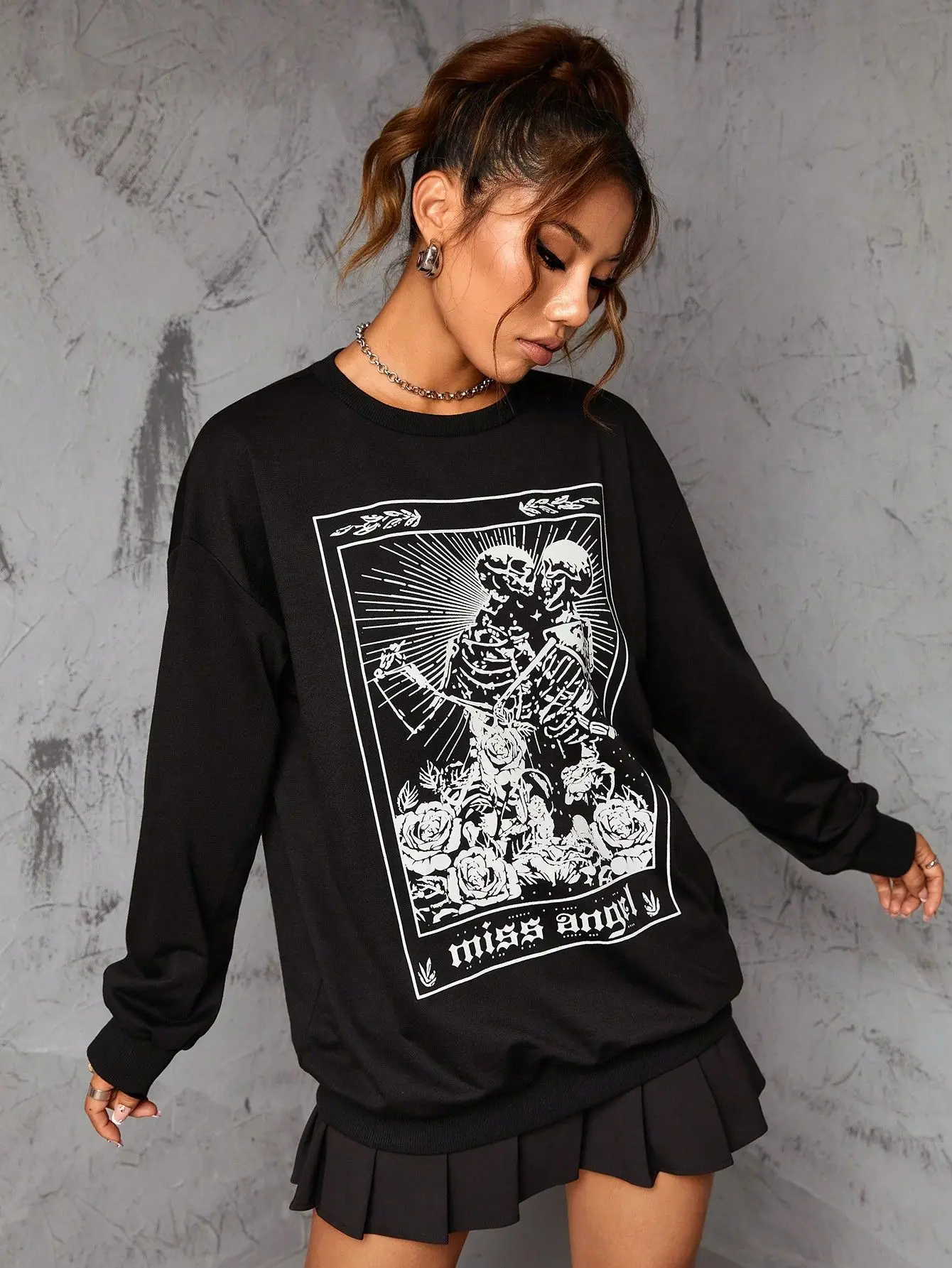 Goth Dark Skull Emo Loose Mall Gothic Sweatshirts Grunge Style Women Vintage Pullovers Punk Streetwear Black Alt Clothes Hoodies