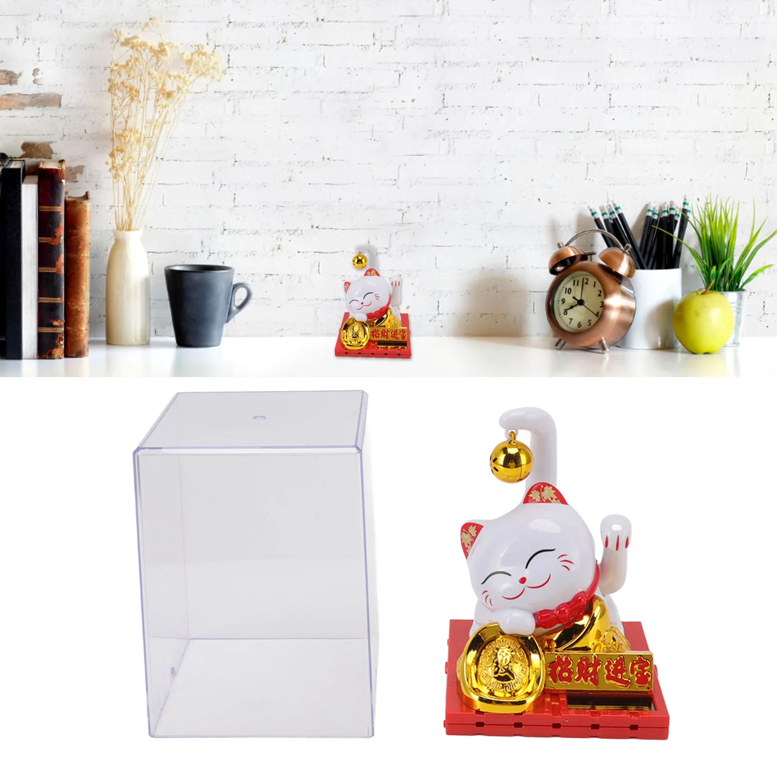 

Solar Powered Lucky Cat Good Luck Wealth Welcoming Fortune Cats with Bell Home Room Office Desktop Decoration