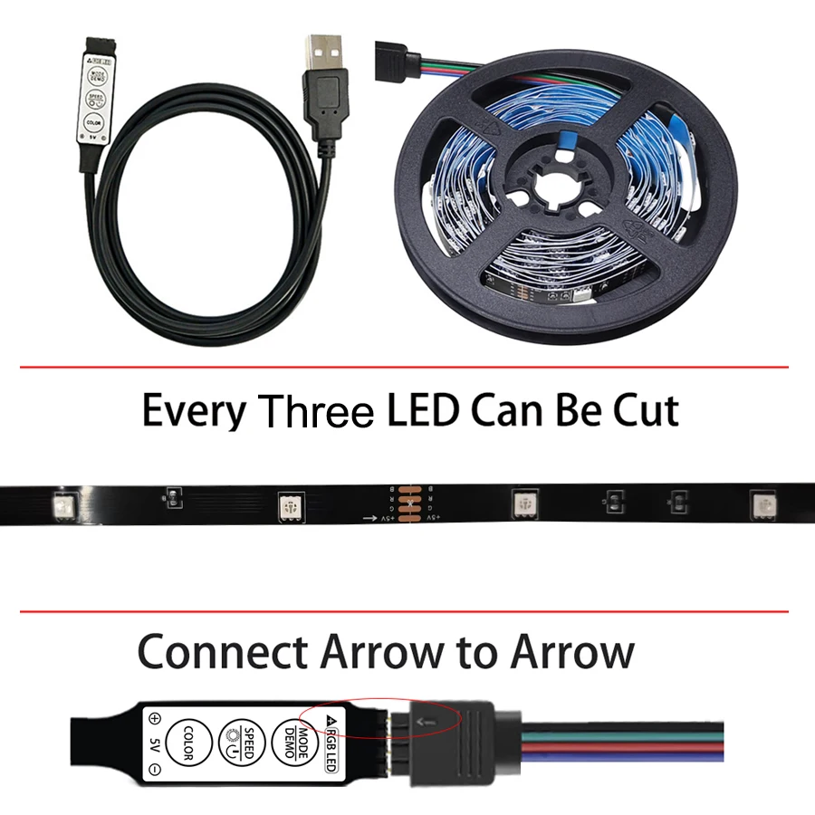 LED Strip Light 5050 Flexible Lamp Tape 3key Sound Sensor RGB Ribbon 1M 2M 3M 4M DC5V Decoration TV BackLight