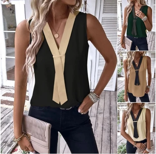 Women's V-color contrasting sleeveless fashionable casual shirt 2025 summer new women's clothing, shipped within 48 hours