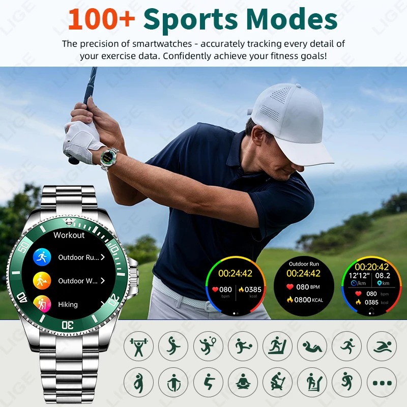 Original LIGE Smart Watch 100+ Sports Modes IP68 Waterproof 1.27'' HD Screen Bluetooth Call Smart watchs for men Android IOS New