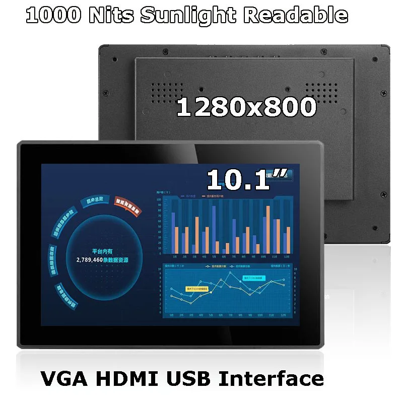 1280x800 IP65 Waterproof 10.1 Inch Flat PCAP Sunlight Readable Industrial Raspberry Pi Touch Screen Monitor With VGA HDMI USB