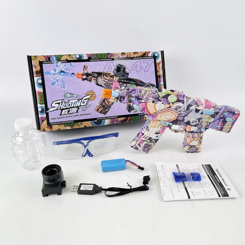 Tiro splatter bola blaster pistola de bomba de água elétrica de alta velocidade akm47, 20k + gel bala e óculos armas de brinquedo ao ar livre para crianças