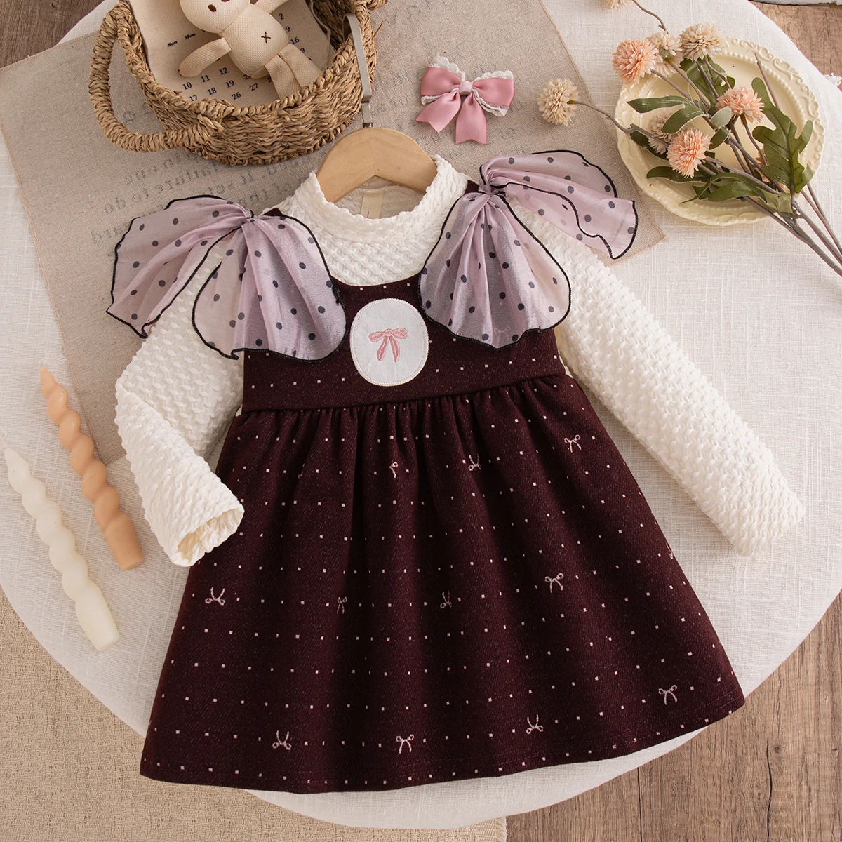 Autumn Winter Baby Girl Dress Korean Style Polka Dot Bow Long Sleeved Dress Kids Fashion Clothes Party Outfit