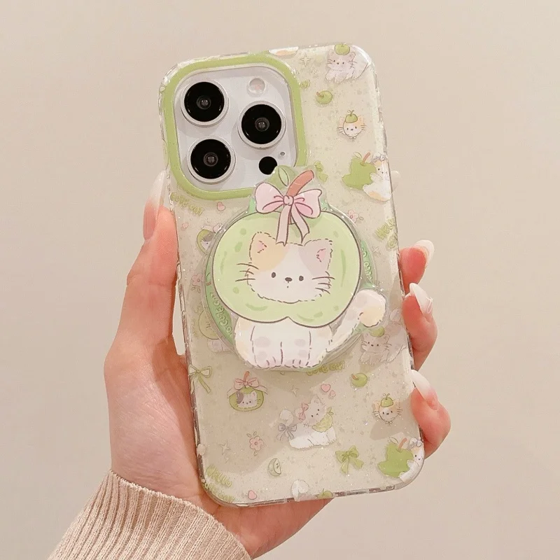 Magnetic Cute Apple Green Kitten Griptok Suitable for iPhone 17 16 Pad Magsafe Smart Stand Magnetic Phone Stand