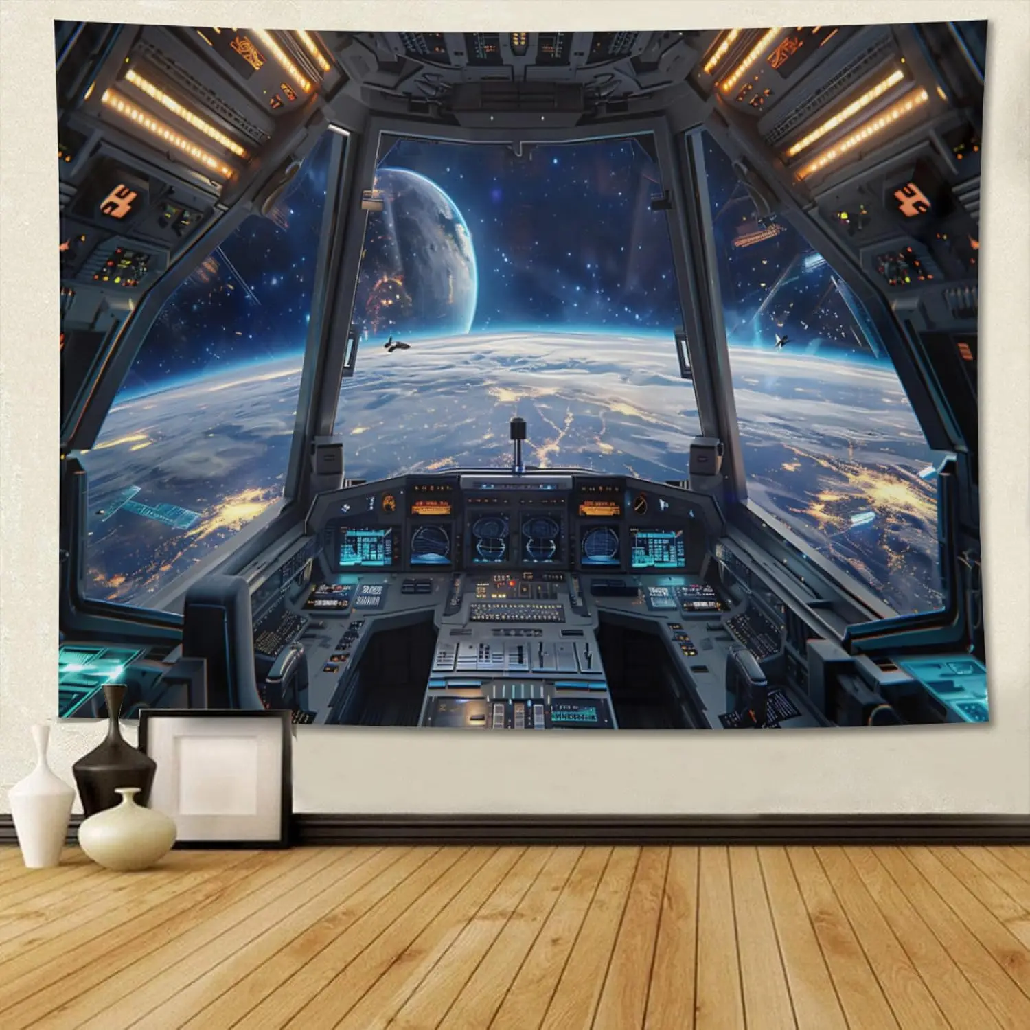 Cosmic Space Tapestry Sci-Fi Bridge Cockpit View Galaxy Planet Wall Decor Futuristic Digital Art Poster