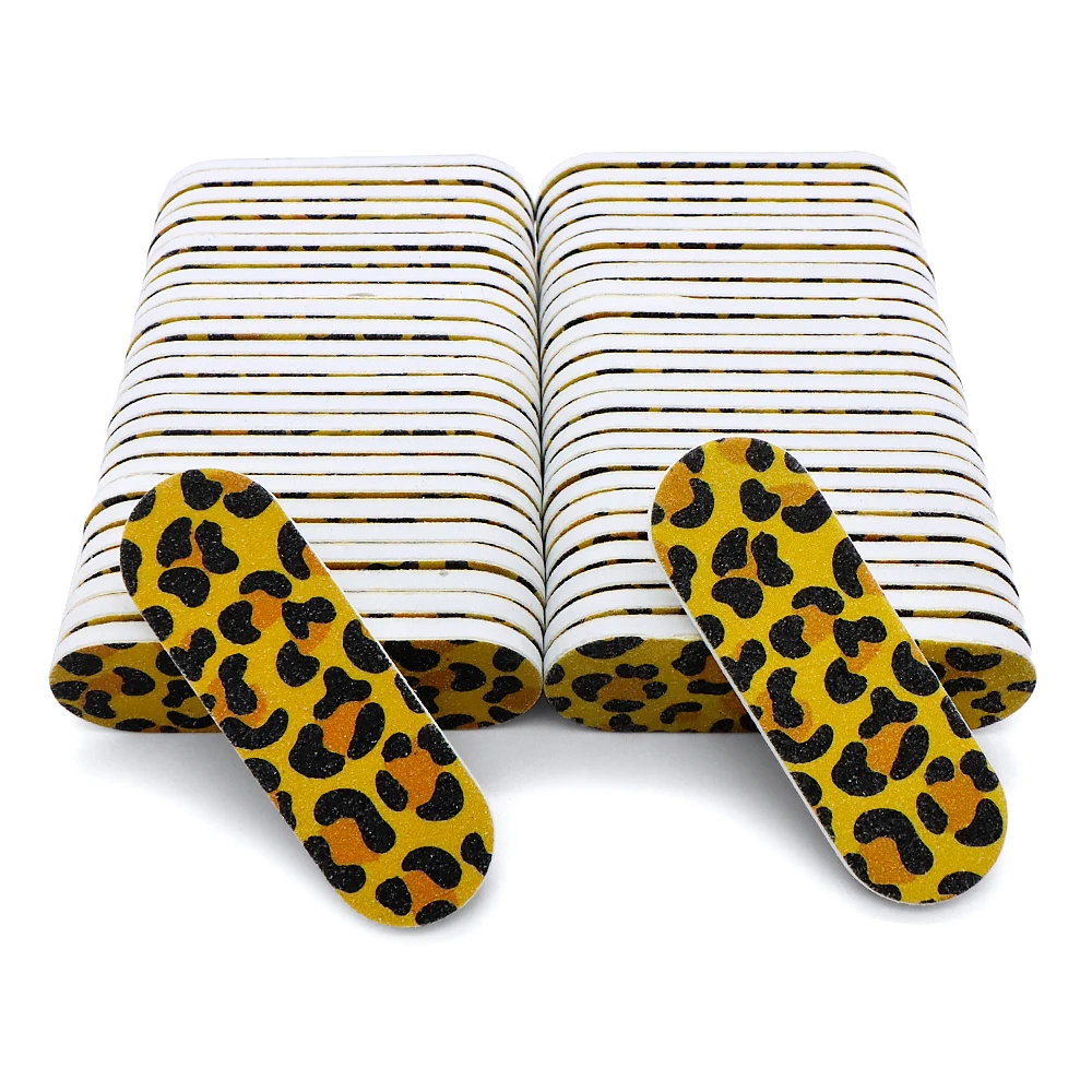 50/100Pcs Yellow Leopard Sandpaper Nails File Set Professional Manicure Emery Board Double Sided Mini Nail Files Christmas Gifts