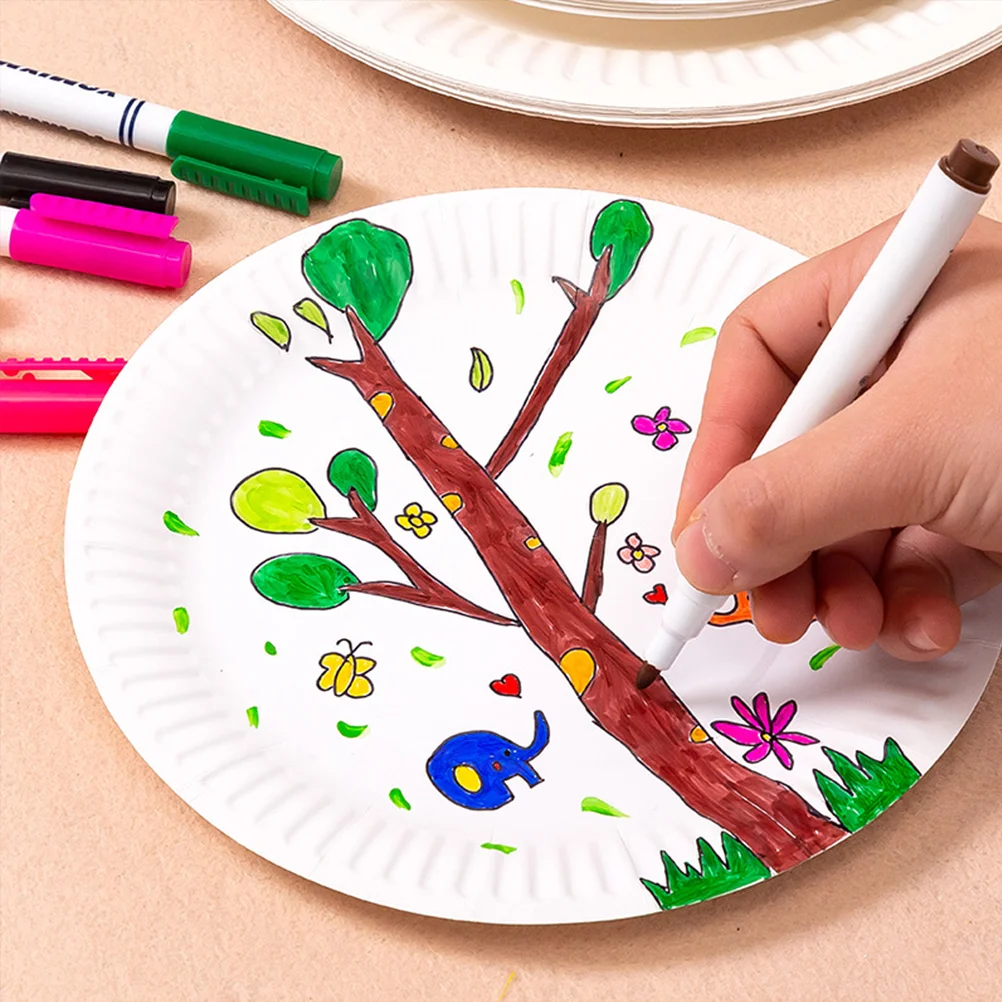 50 Pcs Drawing Doodle Paper Plate Restaurant Home Tableware DIY Graffiti Trays Flatware Household Pulp Plates Accessories Child