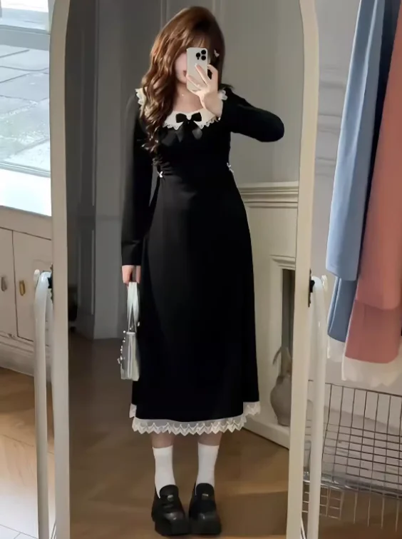 Robe noire à col ras du cou pour femme, grande taille, tempérament français, élégante, taille haute, ligne a, polyvalente, mode, manches longues, automne