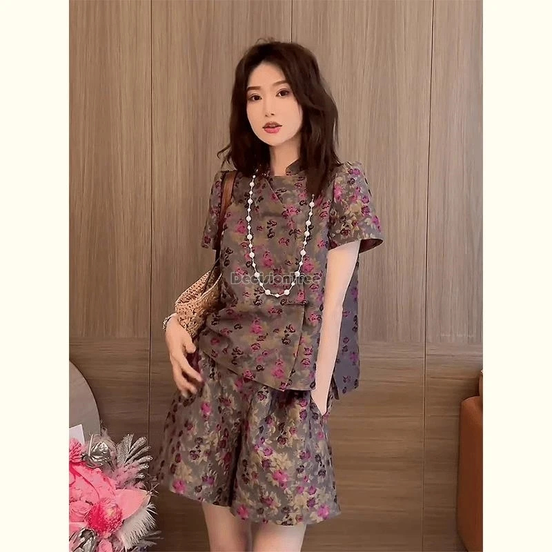 2024 summer new chinese style floral printed set women fashion loose casual retro fashion blouse shorts two-piece daily set w823