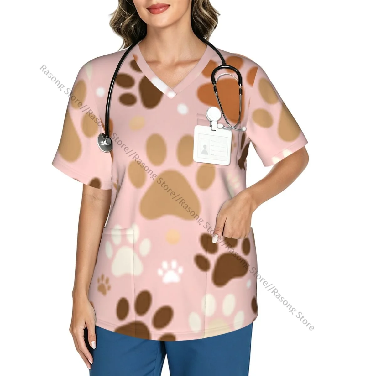 Women's Scrub Tops Short Sleeve Workwear Shirts Nursing Uniform Colorful Paws Of Cats Dogs Footprints Pullover Doctor Shirt