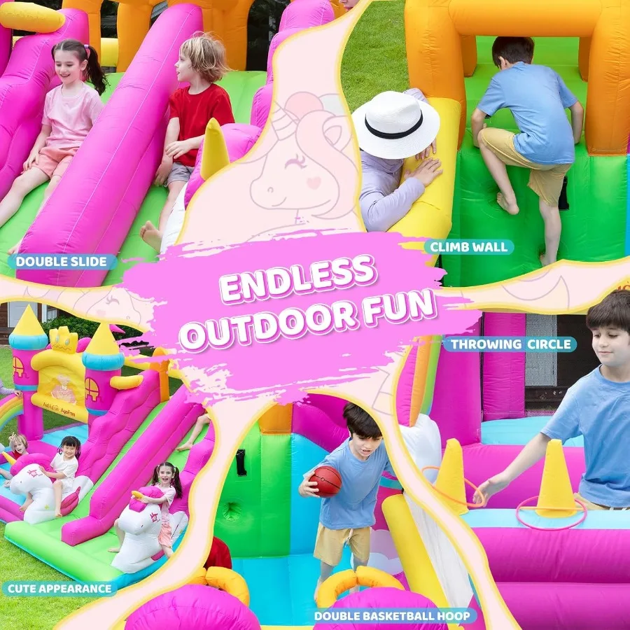 AirMyFun Надувной Bounce House Двойная горка Bounce House Розовый Крытый прыгающий замок для 3-8 6 в 1 Принцесса Bounce House с