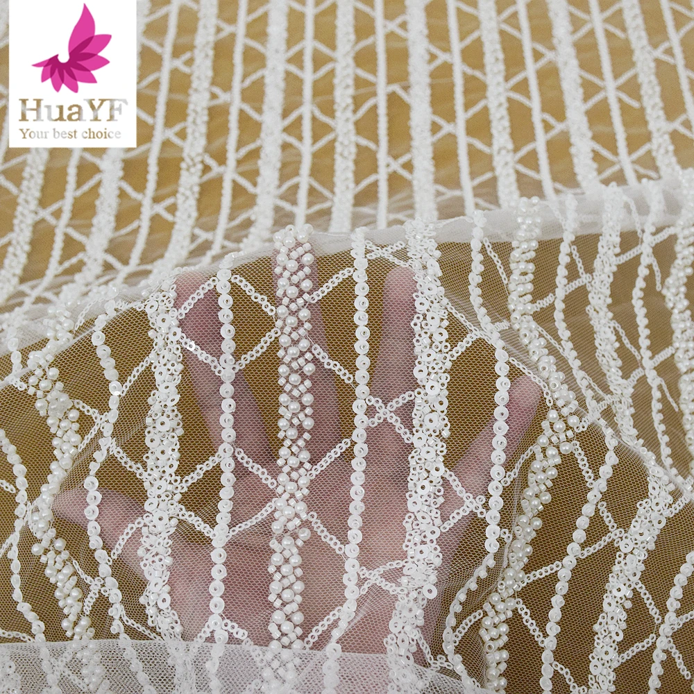 1 Yard Turkish Romantic Porcelain White Sequin Tulle Bead Lace Fabric With Pearl for Woman Wedding Dress Design  HY2374-1