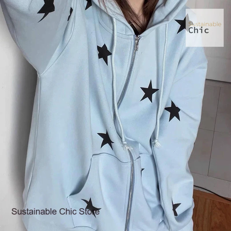 American style hiphop stars full print hooded plus size sweater women's autumn and winter casual zipper cardigan casual coat