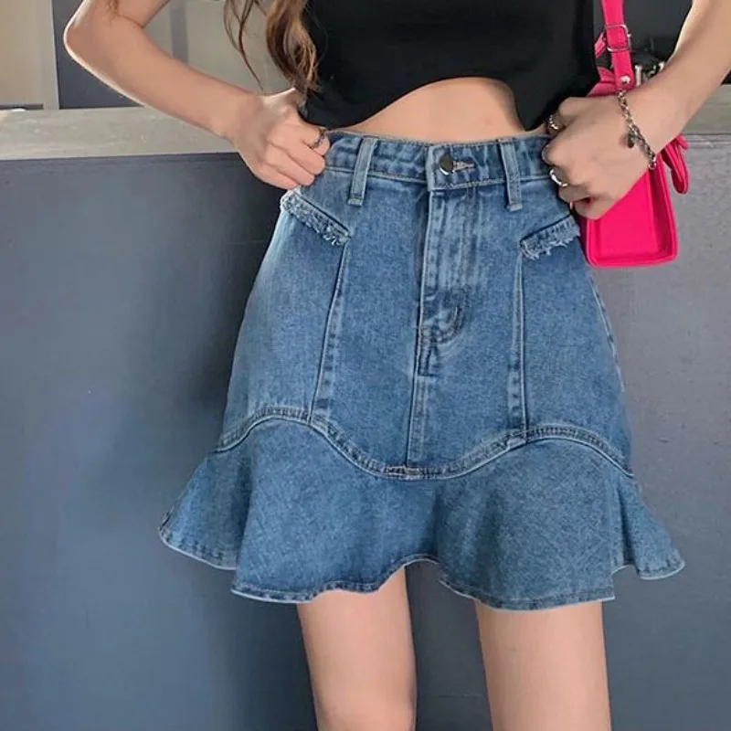 

Denim Sweet Spicy Style Miniskirt Summer New Korean Edition Girls High Waist Wrapped Hip A-line Ruffle Edge Half Jean Dresses