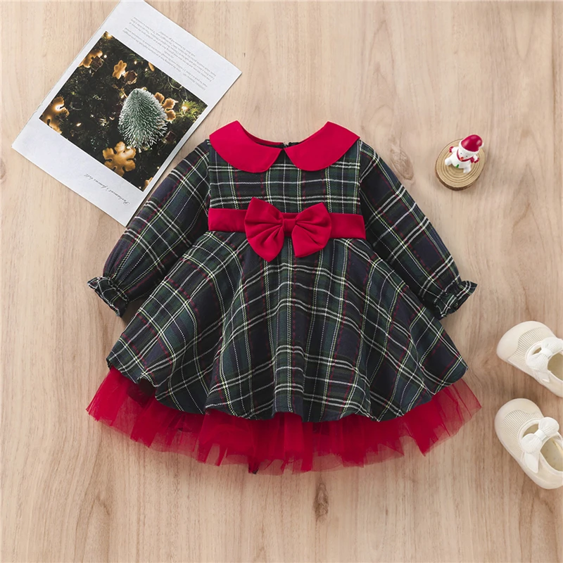 Maluch Kid Girl sukienka świąteczna dziewczynka pierwsze urodziny Xmas Party księżniczka Tutu suknia niemowlę Plaid Tulle Bow nowy rok kostium