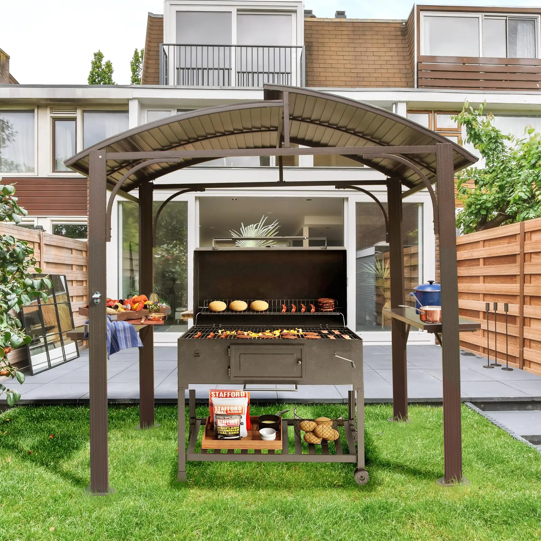 Outdoor Double Galvanized Steel Roof and 2 Side Shelves BBQ Pavilion Sunshade Garden Hardtop Grill Gazebo Grill Tent