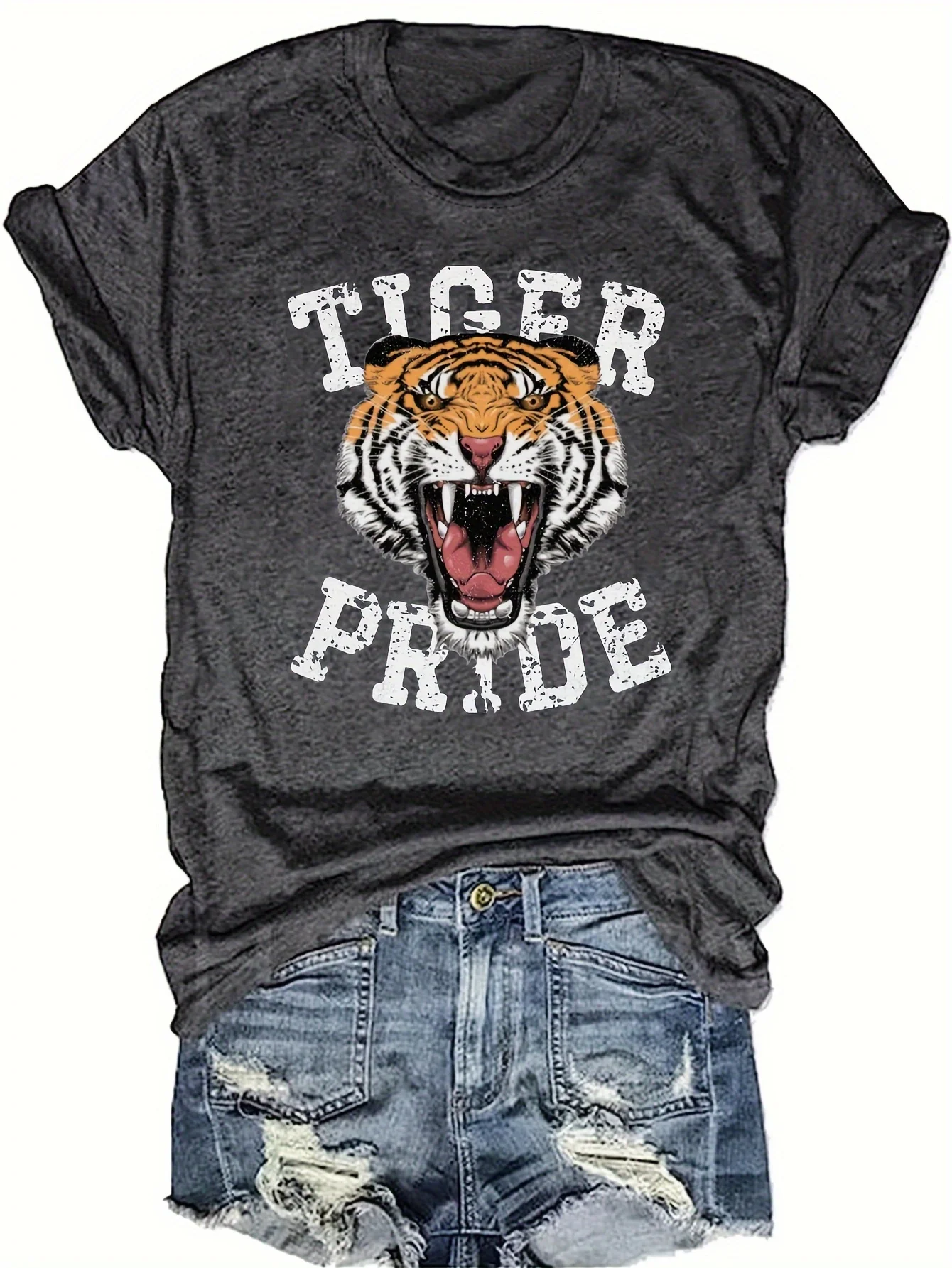 Tiger Print Crew Neck -shirt, Casual Short Sleeve Top For Spring & Summer, Women's Clothing