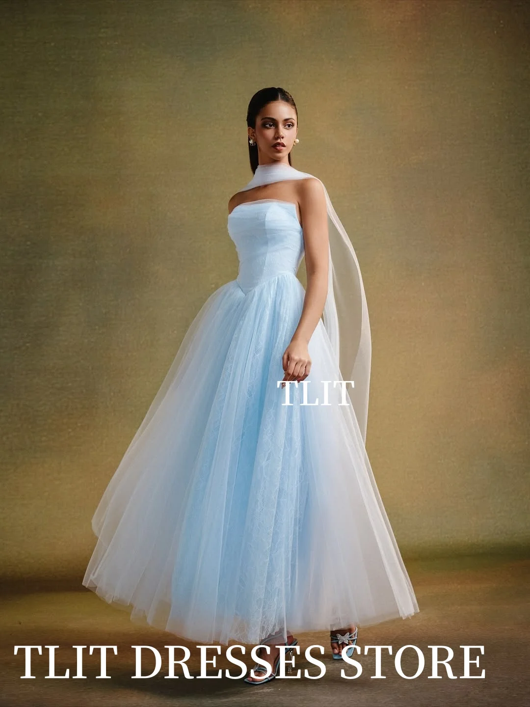 Elegancka, błękitna koronkowa suknia wieczorowa bez ramiączek, suknia balowa z szalem, sukienki na przyjęcie szyte na miarę, vestidos de fiesta szyte na miarę.