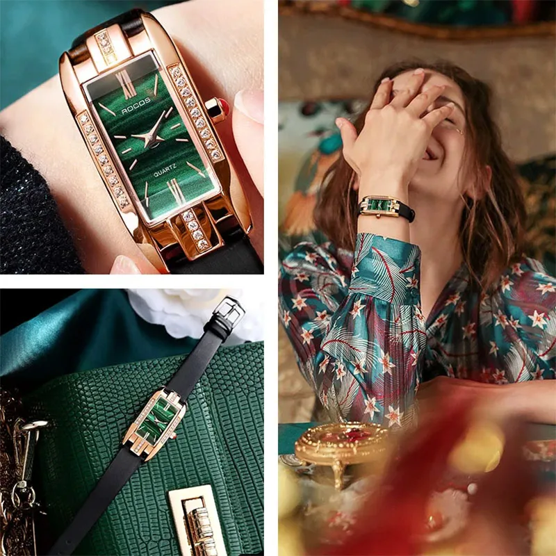 ROCOS-relojes rectangulares de cuarzo para mujer, pulsera de lujo con esfera verde de diamante Simple, a la moda, R209S