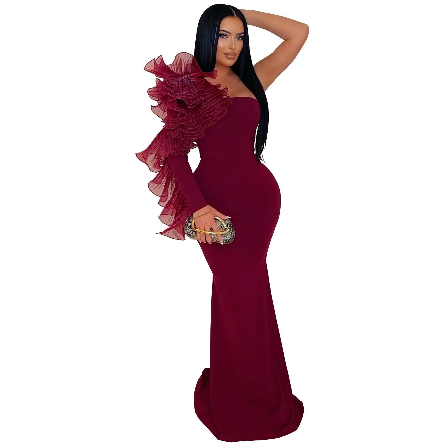 2026 New Black Ruffle Sexy One Shoulder Sleeve Dress Evening Dress Elegant Mermaid Long Order Wedding Ball Party Dress