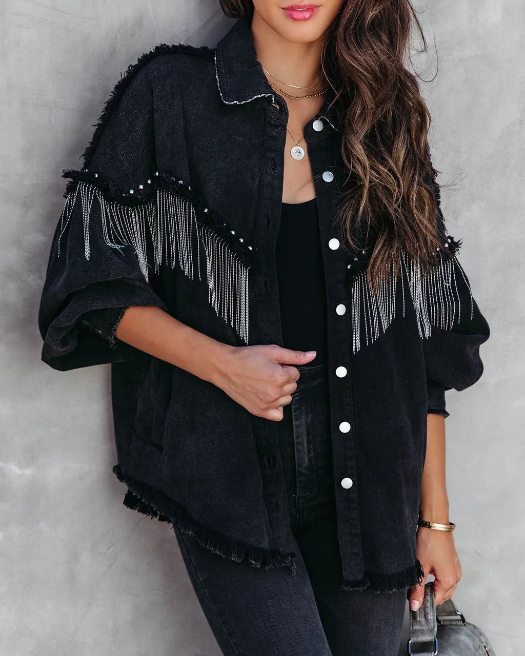 

Fashion Chain Splicing Decoration Jacket Women Vintage Tassel Denim Coat Female Single-breasted Cardigan Casual Loose Outerwear