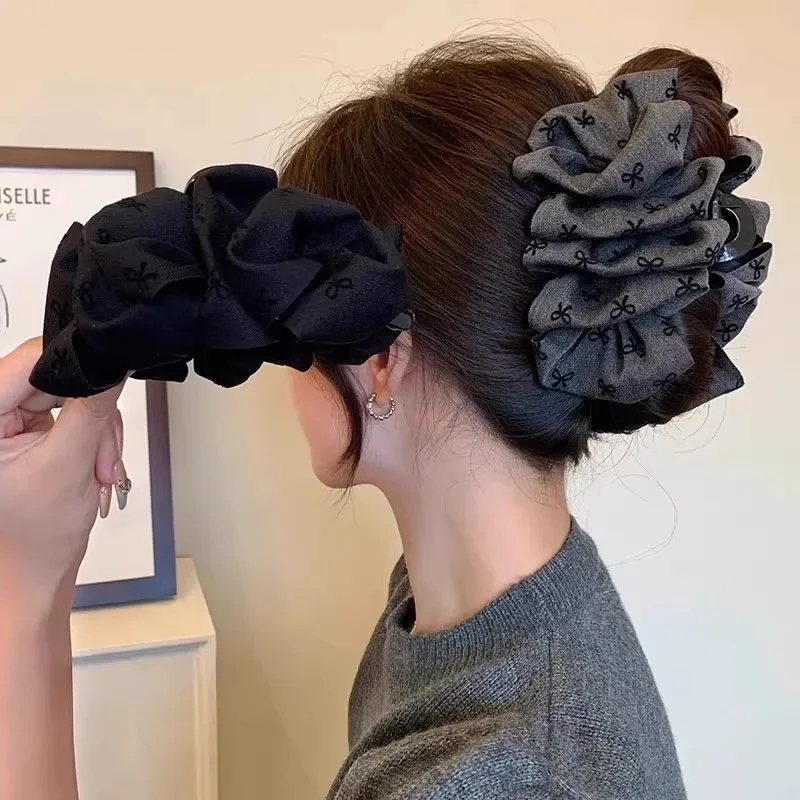 

1/2 Set Of Black And Gray Classic Color Fabric Shark Clip Pleated Bow Hairpin Elegant Temperament Girls Hair Accessories