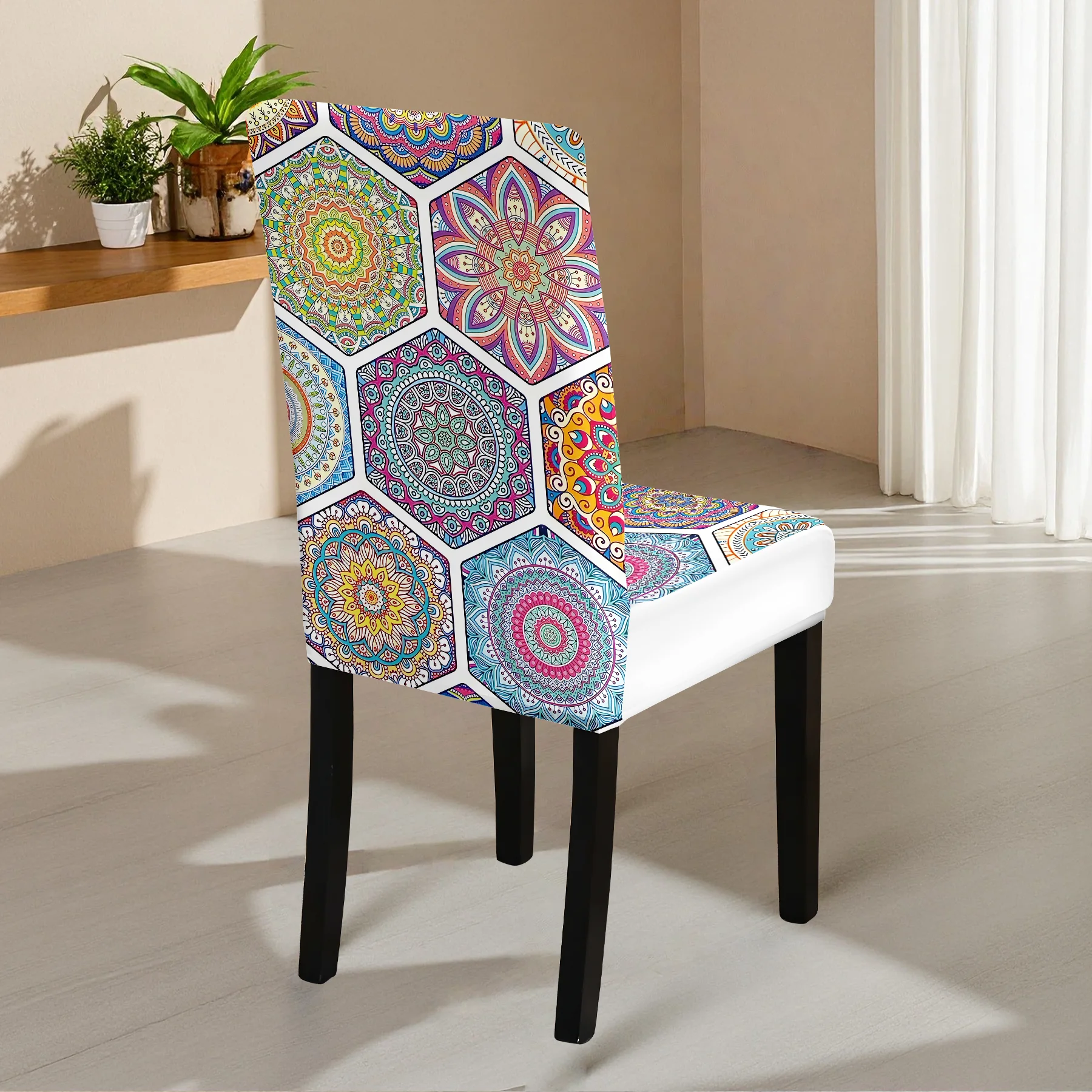 Bohemian Mandala Hexagon Print Elastic Chair Cover, 2026 New All - inclusive Stretch Chair Slipcover, Washable