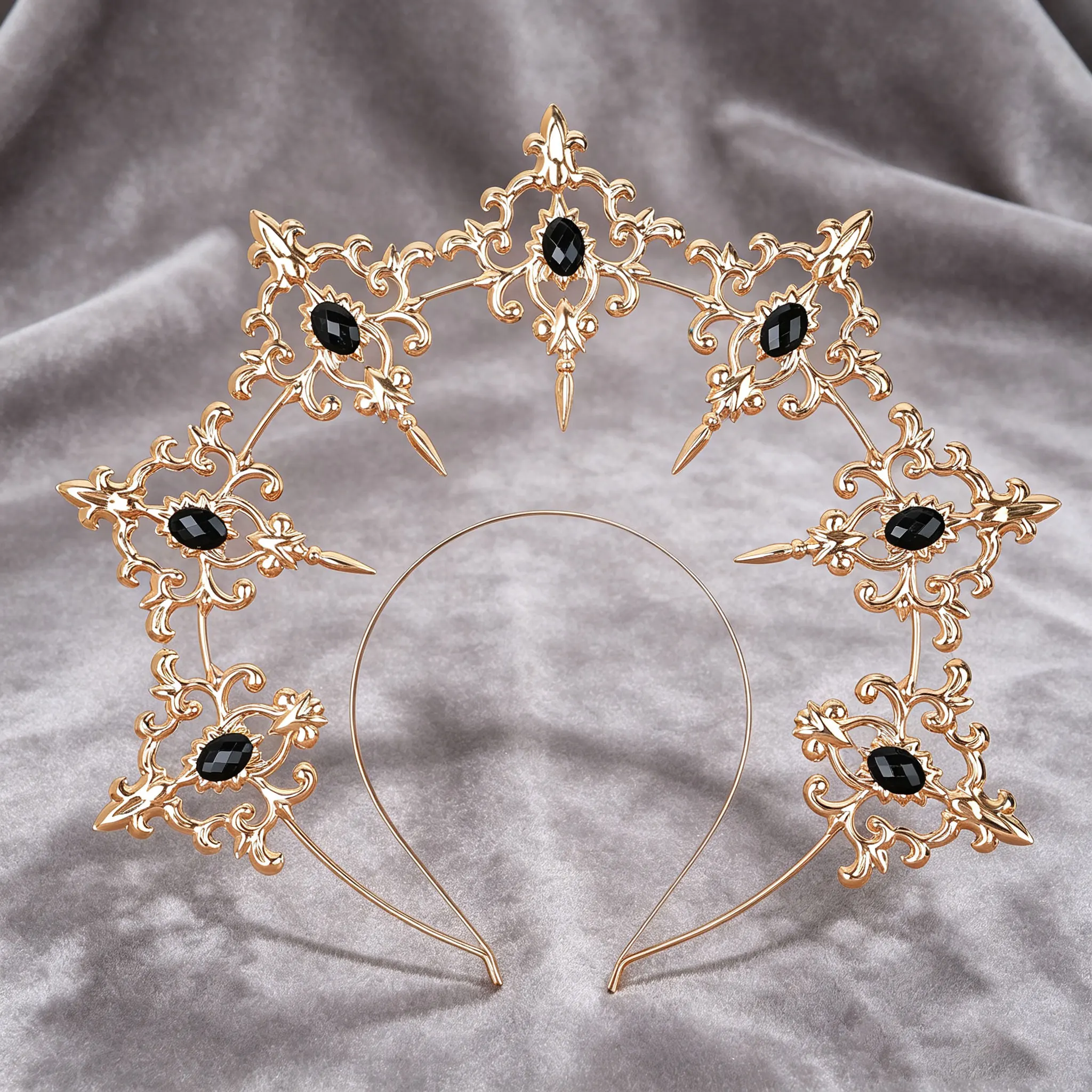 Gotische schwarze Kristall-Halo-Krone für Herren – Königlicher Kopfschmuck im Barock-Stil für Halloween-Cosplay – Detail 11