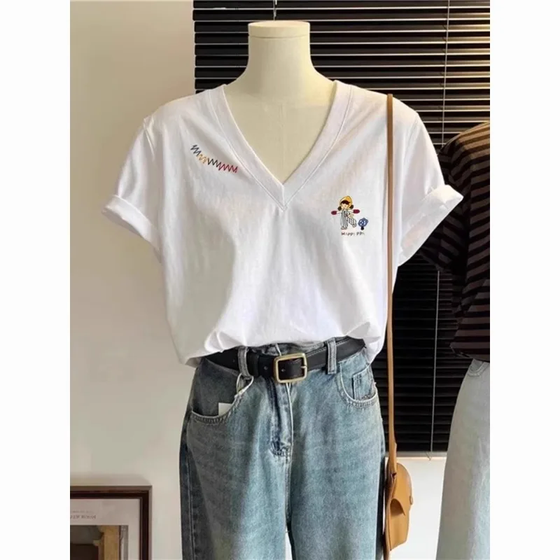 Women's V Neck Rolled Cuff Short Sleeve T Shirt Casual Loose Fit Solid Color Cotton Top