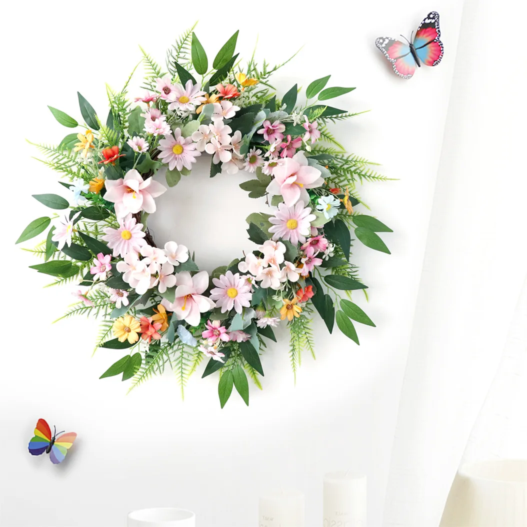 

Yannew Spring Wreaths for Front Door 20inch Colorful Little Daisy Rose Flower Wreath with Hello/Welcome Sign Home Outdoor Decor