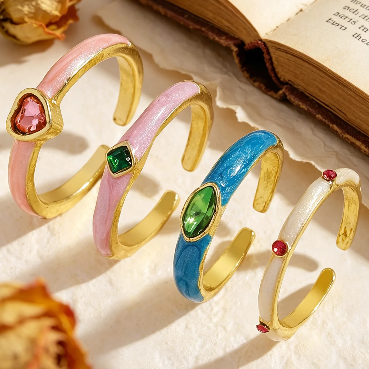 4pcs Colorful Heart Zircon Enamel Drip Oil Rings for Women Men Vintage Personality Design Stacking Opening Ring Set Jewelry Gift