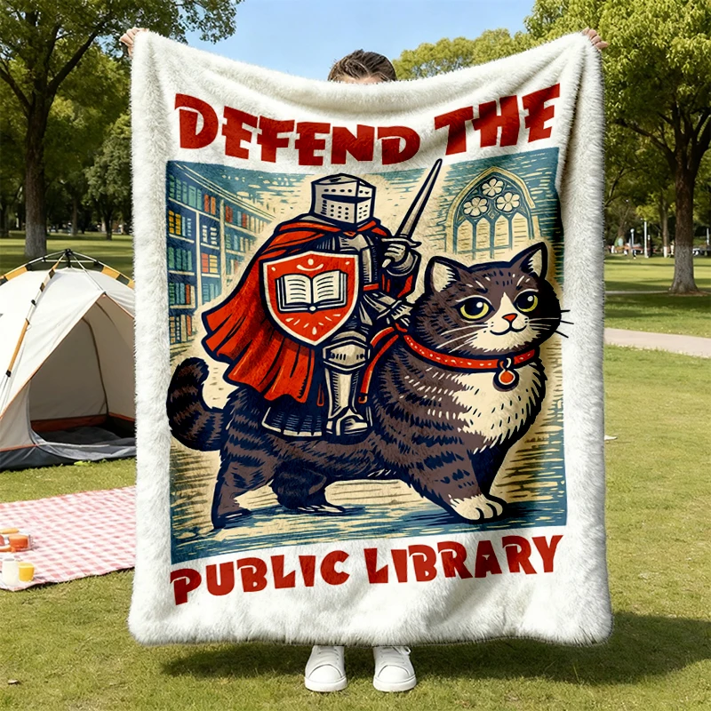 Defend The Public Library Flannel Blanket, Knight Riding Cat Flannel Throw, Librarian Gift